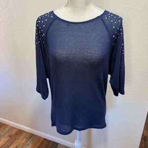 SJS Navy Pearl-Stud Shoulder Knit Top - Size Large
